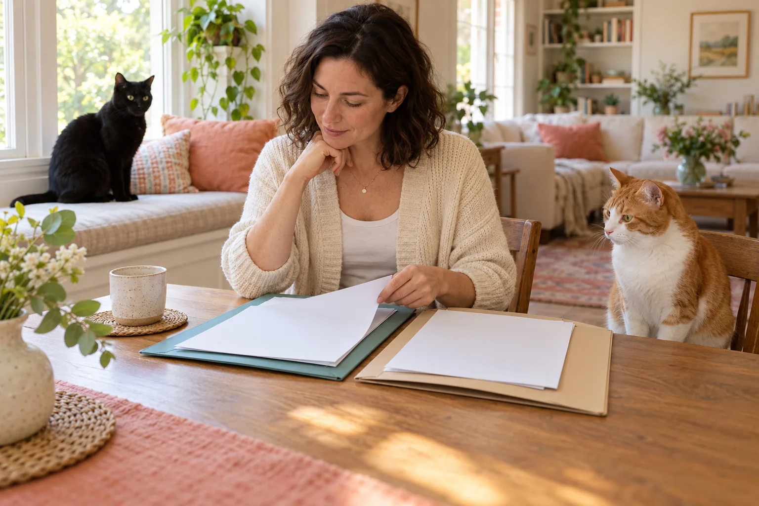 An owner sorting records while two cats sit nearby