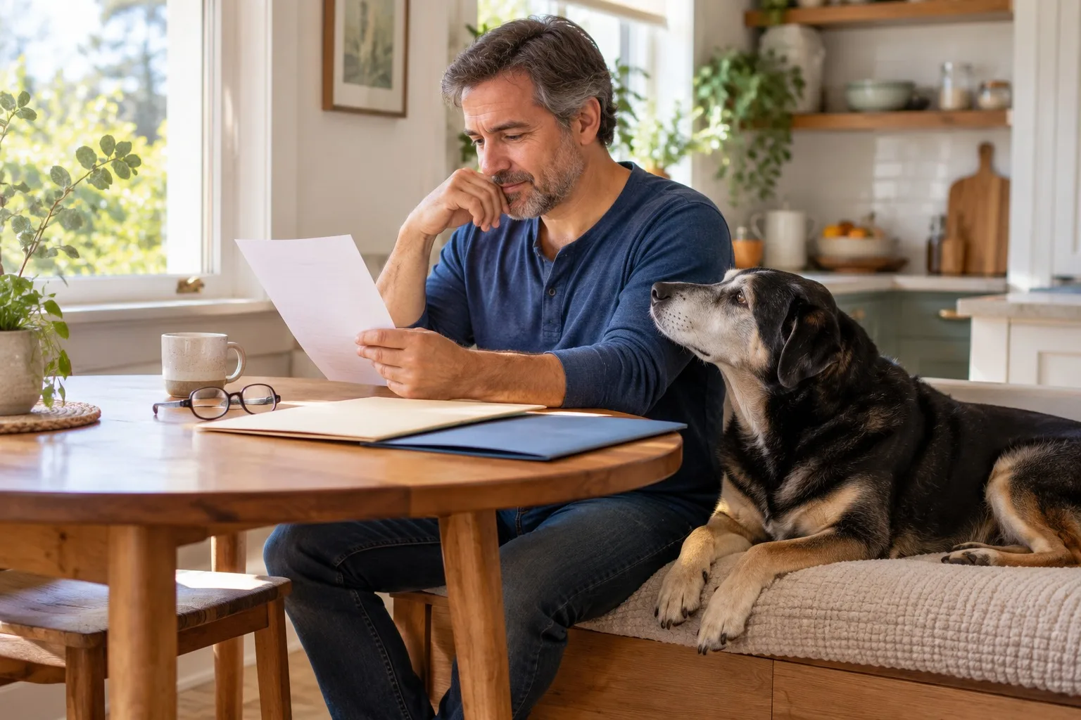 An owner reviews a document beside an older-looking dog resting at home